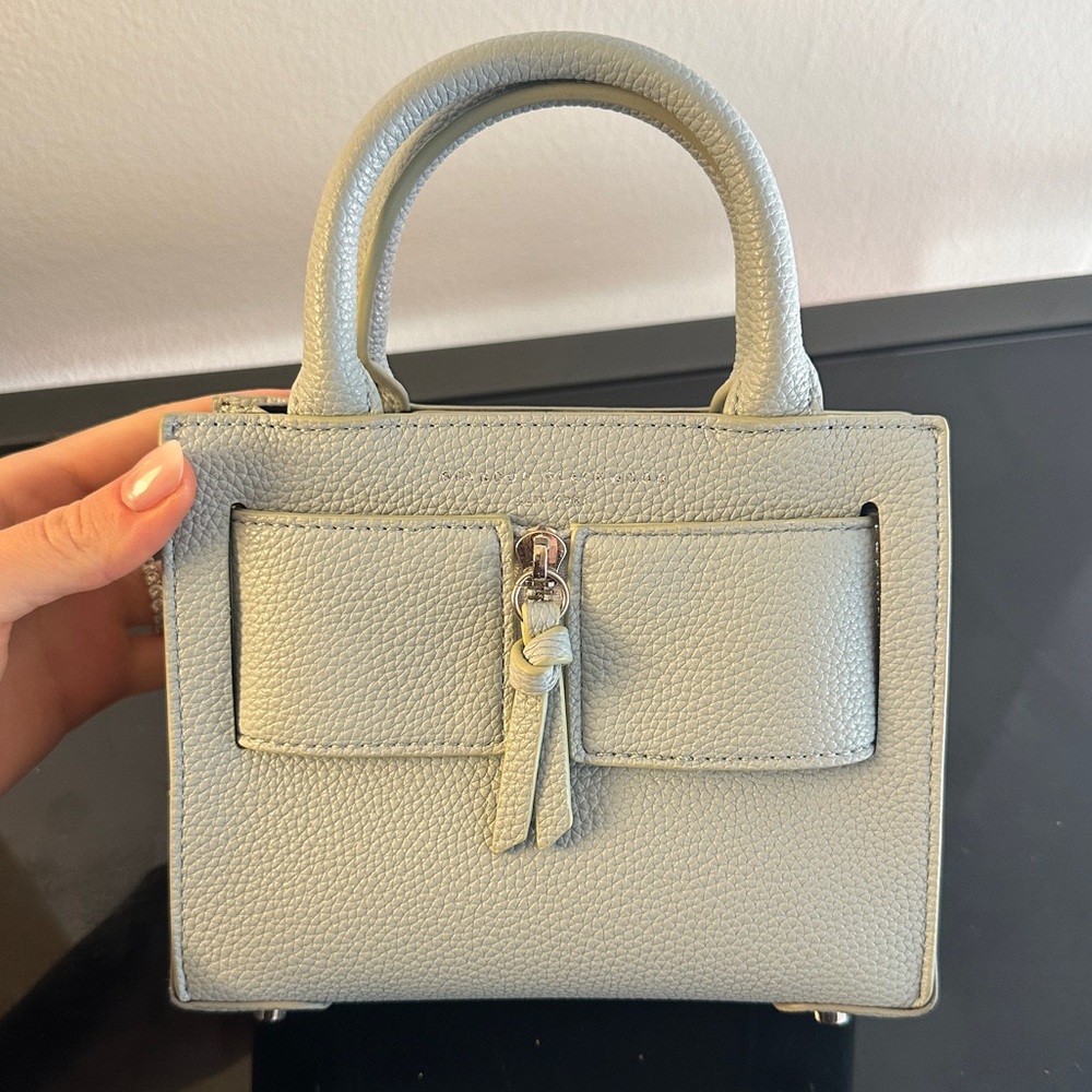 Brandon Blackwood KUEI Bag baby blue leather with crossbody strap and dust bag